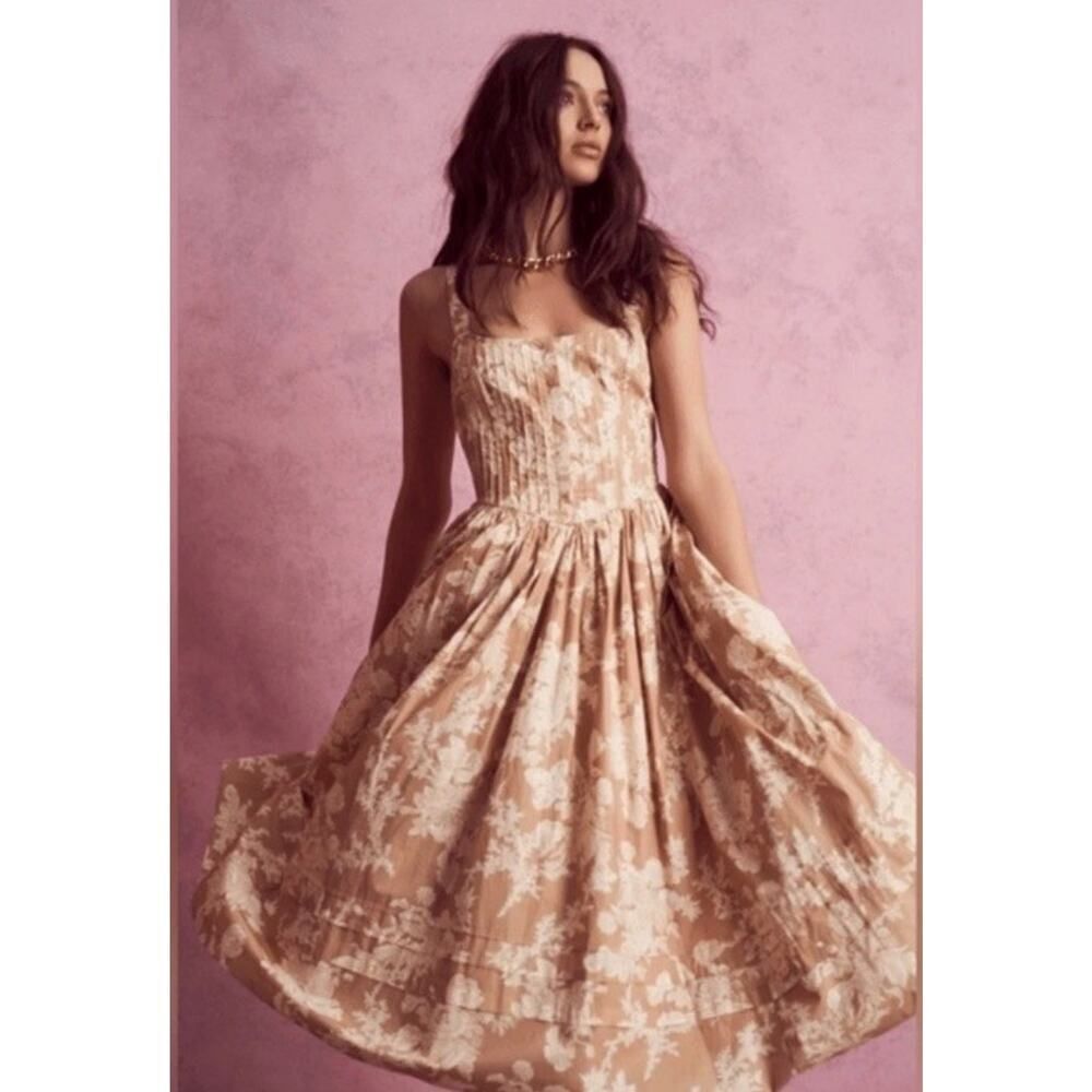 LoveShackFancy Majory Floral Midi Dress Expresso Foam Large